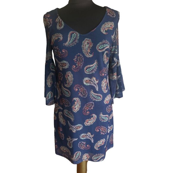 Allison Brittney Boho Paisley Dress With Bell Sleeves - Petite Small - Navy Blue - Picture 1 of 8